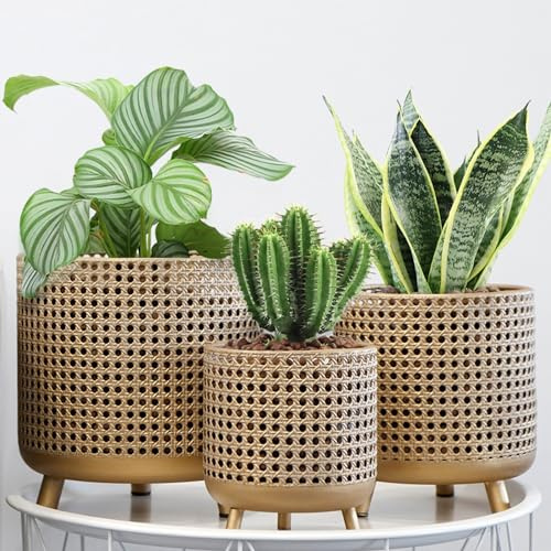JHY DESIGN Set med 3 Blomkrukor, Metall Dekoration, Blomkrukor med Hålig Design, Stora Växtkrukor för Inomhus och Utomhus, Trädgård, Hem, Balkong, Räcke, Staketplanter (Guld)