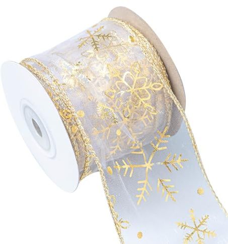 Ruban de Noël 6,3 cm Large avec Fil de Fer Pailleté - Flocon de Neige en Organza Transparent pour Emballage Cadeau, Couronne, Sapin, Artisanat - Tissu Décoratif