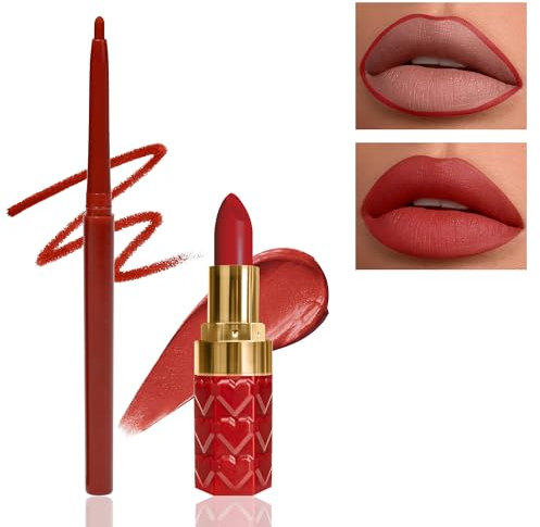 Rot Lipliner and Lipstick Set-2Pcs Samt Matt Wasserfest Lippenstift, Langanhaltend 24 Stunden Halt Not-Stick Cup Lipgloss, Hoch Pigmentiert Lippen Make-up Set für Frauen zum Frauentag - R01
