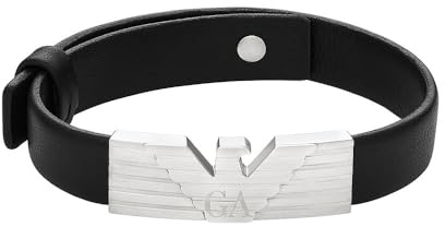Emporio Armani Herrenarmband Logoplakette Edelstahl Leder schwarz, EGS3075040