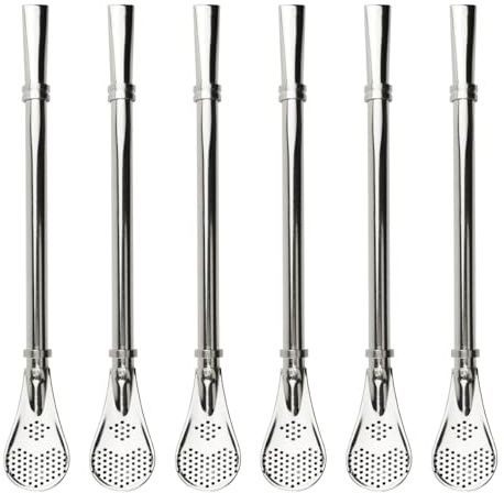 6 Stück Edelstahl Trinkhalm Löffel, 2 In 1 Lang Löffelstrohhalme Wiederverwendbare Löffelhalme mit Filterlöffel, Strohhalm Sieblöffel Teelöffel Eislöffel für Smoothies, Milchshakes, Cocktail, Kaffee
