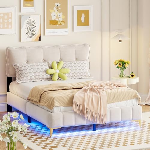 Azkoeesy Polsterbett mit LED-Beleuchtung, weiche Rückenlehne, Lattenrost, Golden Metallbeine, Doppelbett, Jugendbett, Bezug aus Samt, 140 x 200 cm (Beige)