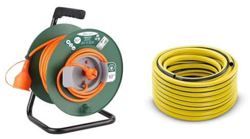 Electraline 20866139F Rallonge Prolongateur Jardín 50 M avec Enrouleur 16A - Section 2x1,5 mm² Orange/Vert, Prise - Type C/EF - 2 Broches (EU) & Tuyau d'arrosage Jaune Karcher de 50m