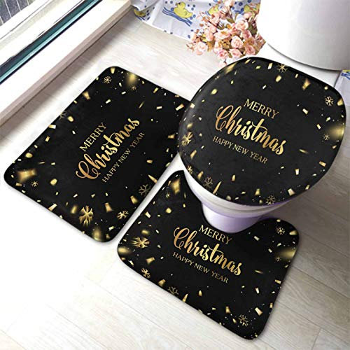Set 3 Teilig Badvorleger Gold Frohe Weihnachten Vorlage Auf Schwarzem Hintergrund Mit Goldenen Konfetti Badgarnitur Badematten Weiche Dekorative U-Förmigen Contour Matte, Für Wohnzimmer