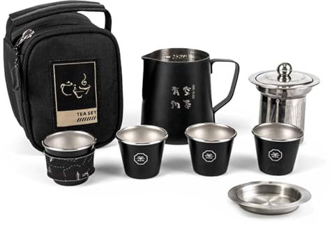 Servicio de té chino, servicio de té de viaje, de acero inoxidable resistente al calor con 4 tazas de té, Suministros de té portátiles, colador de té incluido, juego de té apilable de la