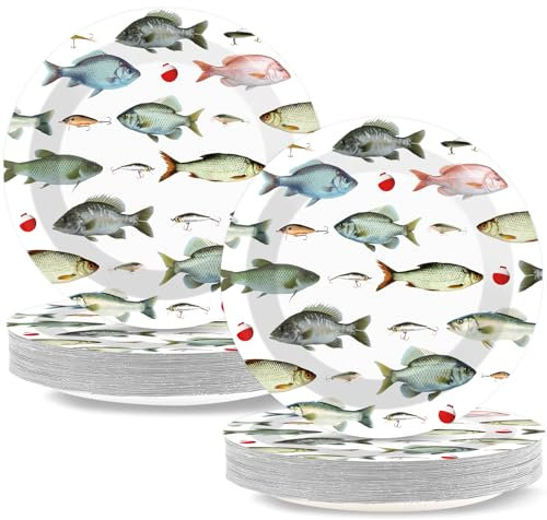 CHUNNIN 50 Pcs Gone Fishing Party Paper Plates 7 Inch Bobber Dessert Plates