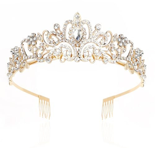 Raxfekro Krone Damen, Tiara Hochzeit, Krone Braut, Kristallkrone Strass Krone, Hochzeit Diadem für Hochzeiten, Abschlussbälle, Festumzüge, Prinzessinnenpartys, Geburtstagsfeiern Usw (Golden)