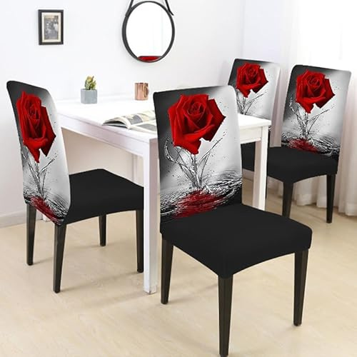 Stuhlhussen 2er Set Rote Rosen Stuhlbezug Stretch Polyester Hussen Für Stühle, Abnehmbarer Waschbarer Stühle Schutz Dekoration Stuhlüberzüge Für Haus, Küche,Esszimmer Stühle
