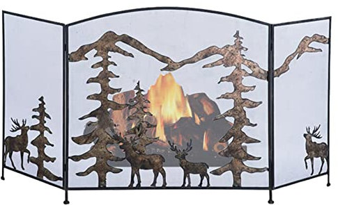 ASumPio Kaminschirm Im Landhausstil Mit Elch- Und Baumdesign, Funkenschutz Für Gaskamin/Holzofen, Gitter Aus Schmiedeeisen,Brown