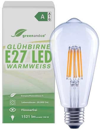 greenandco Lampadina a filamento LED | trasparente | E27 ST64 | 7,2 W 1521 lm | sostituisce 100 W | 3000 K bianco caldo | 320° | 230 V | senza sfarfallio | Classe energetica A | non dimmerabile