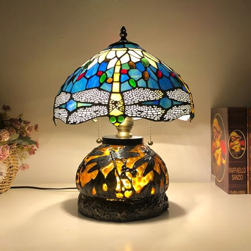 BOTOWI Libelle Lampe Tiffany Stil Tischlampe Buntglas Lampe Schlafzimmer Nachttisch Lesepult Licht für Wohnen Büro Schlafsaal Retro Akzent Dekor 12 Zoll Nachttisch Lampen,Blue b