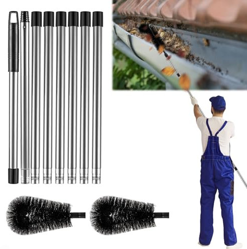 Kit d'outils de nettoyage de gouttière avec tige télescopique, facile à démonter, 8 manches télescopiques, nettoyage des feuilles et de la saleté, sans conducteur (noir)