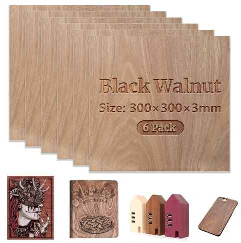 Uadme Sperrholz 3mm, 6 Stück 30cm x 30cm Sperrholzplatte Laser Holz, Holzplatten zum Basteln für DIY Heimdekorationen, Familienschilder, Modelle und Malprojekte (Schwarz Walnussholz)
