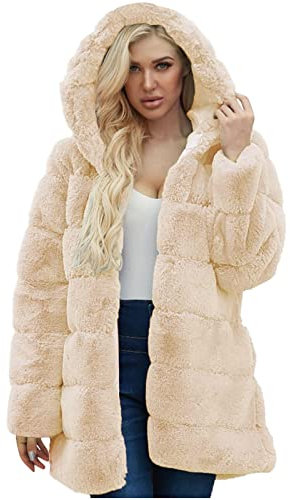 Komiseup Fleecejacke Damen, Winterjacke Damen Lange Winter Pelzmantel Elegant Kunstpelz Jacke Offener Front Wintermantel Dick Plüschjacke mit Kapuze Warme Kunstfell Oberbekleidung Faux Pelz Coat 08