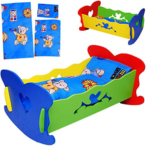 alles-meine.de GmbH Set: kleine - Puppenwiege aus Holz - mit Bettzeug - 36 cm lang - Wiegenset - Holzwiege aus Buntem Naturholz - Herz Mädchen & Jungen - Bett - Puppen klein - M..
