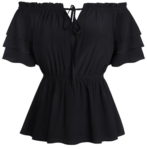 Scarlet Darkness dam renässans traditionell blus medeltida axellös volangblus, svart, M