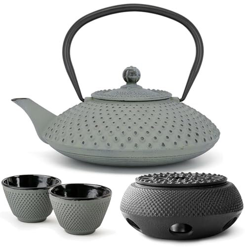 Bredemeijer grüne Teekanne 1.25 Liter Gusseisen - flache Asia Gusskanne Induktion im Set mit 2 Teebecher (Tassen) & Stövchen & Teefilter-Sieb-Einsatz
