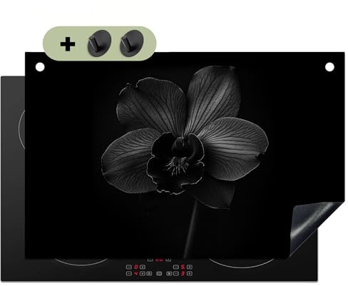 KitchenYeah© Herdabdeckplatte Einteilig Küche Herdabdeckung Induktionsfeld | 80x52 cm - Ceranfeld Herdabdeckplatten Vinyl Matte, Spritzschutz Küchenrückwand Schwarz - Blume - Orchidee