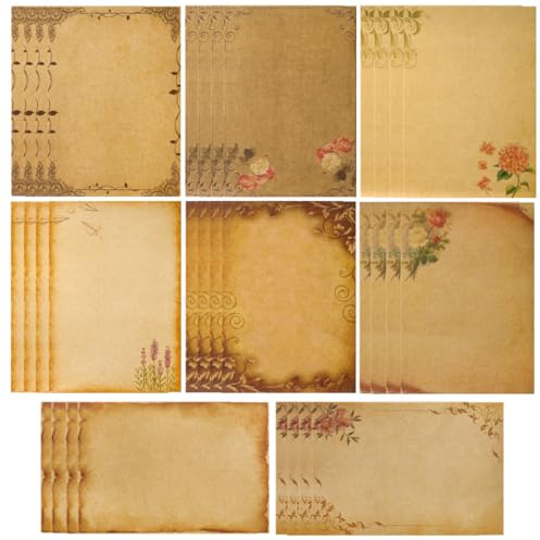 RuiChy 32 Sheets Vintage Stationary Paper, A5 Retro European Style Kraft Letter Papers for Writing Printing DIY, Mixed Flower Style Writing Paper for Craft Invitations Poem Map Home Office Supplies