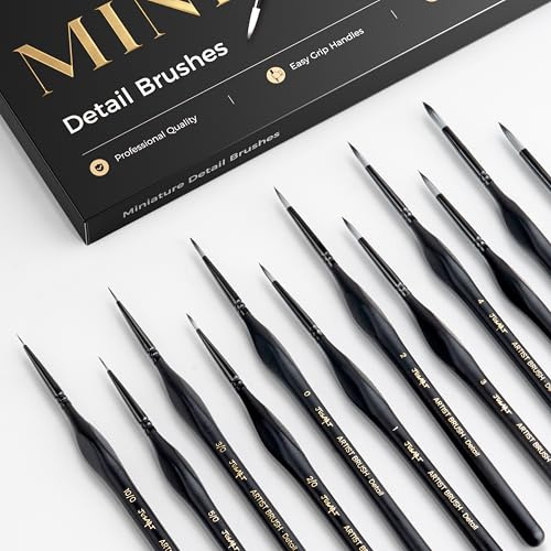 JusArt Juego de 12 Pinceles de Pintura en Miniatura con Punta Fina para Detalles Finos, acrílico, Acuarela, óleo, Modelos, Pintura rupestre y Pintura por números, Mangos Triangulares (Negro)