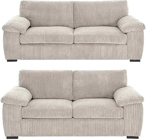 Bliss Furniture Amalfi Jumbo Cord 3+2 Seater Sofa Set for Family Living Rooms – Matching 3 Seater + 2 Seater, Soft Corduroy, Birch Frame, Memory Foam – High Back Couch Set (Cream, 3+2 Seater)