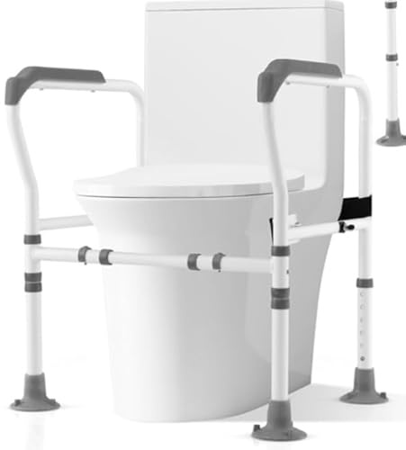 COSTWAY Apoyabrazos WC, Riel de Seguridad para Inodoros para Ancianos, Soporte para Inodoro con Altura y Anchura Ajustables y Correa Fija para Discapacitados y Minusválidos (gris1)