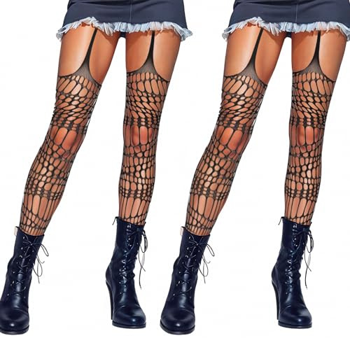 Lusofie 2 Pcs Ripped Tights for Women Halloween Garter Goth Tights Y2k | Black suspender tights for Women Y2K , Fishnets Rave Garter Tights for Punk , Ripped Stockings Garter Stockings Pantyhose