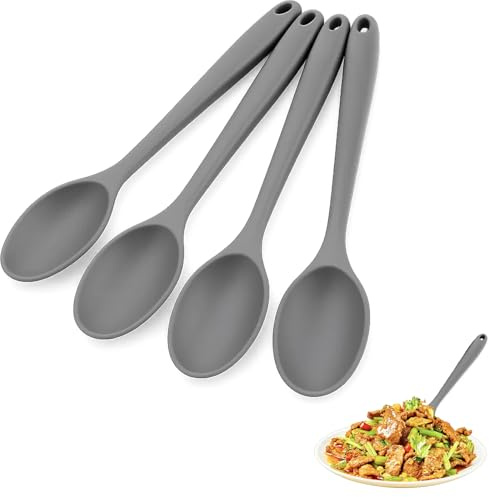 4 Pack Silicone Spoons for Cooking, Grey Serving Spoons Large, Heat Resistant Nonstick Cooking Spoon for Mixing Stirring Frying Baking, Kitchen Essential Tools