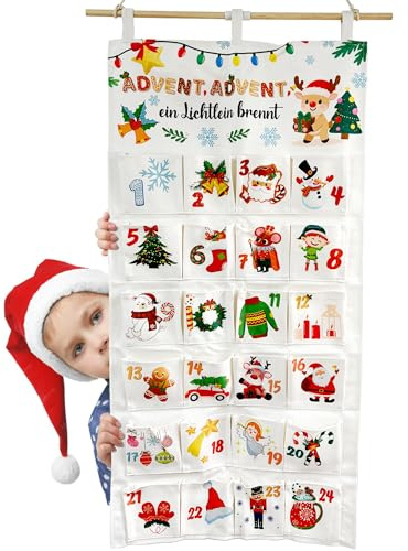 Adventskalender 2026 zum Befüllen – Stoff Wandkalender mit 24 großen Taschen, wiederverwendbarer DIY Weihnachtskalender zum Aufhängen für Kinder & Familie, nachhaltige Deko für Weihnachten 102×51 cm