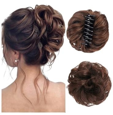 Messy Hair Bun hårdelar för kvinnor klämma i klo syntetisk chignon tousled Updo Wave Curly hårdelar för daglig användning ponytail förlängning (2–30)