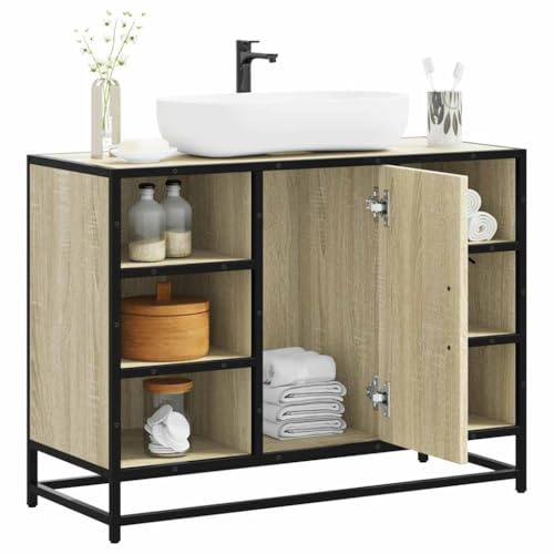 Mobile Base Lavabo in Legno Rovere Sonoma, con Struttura in Metallo, Design Industriale e Ampio Spazio Contenitivo, Mobiletto Sotto Lavabo Bagno Salvaspazio, Armadietto da Bagno Moderno, 80x33x60 cm