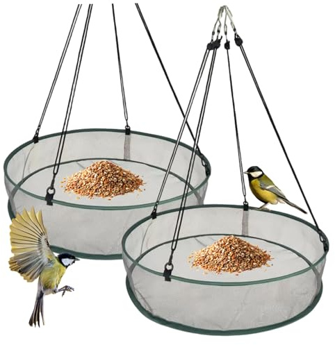 2er-Pack hängende Vogelfutterstation mit Samenauffangschale, 20 Zoll große Vogelfutterstation mit verstellbarem Hängebügel für den Garten im Freien, Rasen