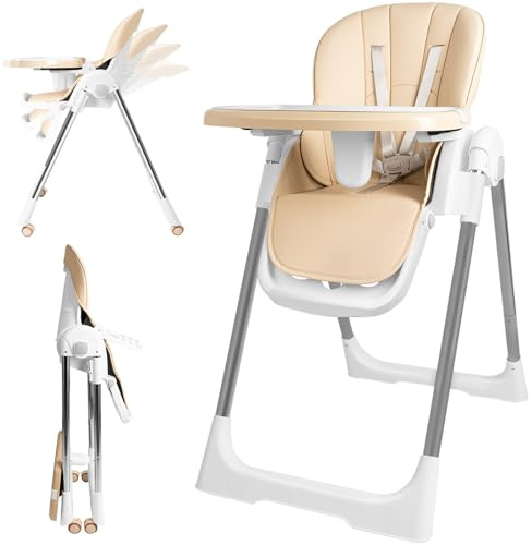 WoRaum Baby Hochstuhl Klappbarer,4-in-1 Klapphochstuhl,Höhenverstellbar Kinder Essstuhl,Babystuhl mit abnehmbarem Tablett,Rollen & 5-Punkt-Gurt,Kinderhochstuhl Mitwachsender (Beige-BY)
