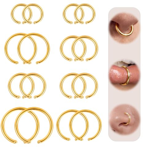 JeweBella 16 Pièces 16G/18G/20G Faux Percing Nez Acier Inoxydable Chirurgical, Faux Septum Piercing Tragus Helix Daith Conch Levre Oreille, Piercing Nez Anneaux Argent Or 6/8/10/12mm