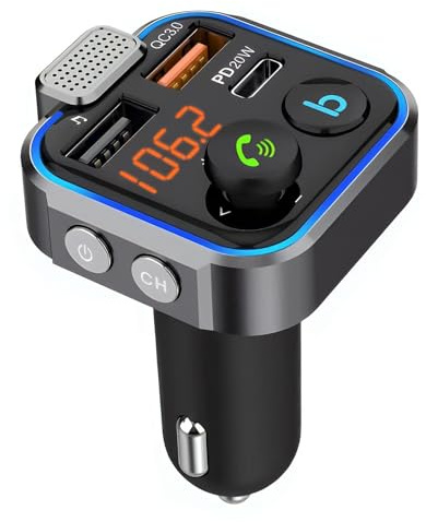 FM Transmisor Bluetooth Coche, Manos Libres Reproductor MP3 Adaptador Radio | Carga Rápida PD 20W Tipo C & QC 3.0 USB, Luz LED