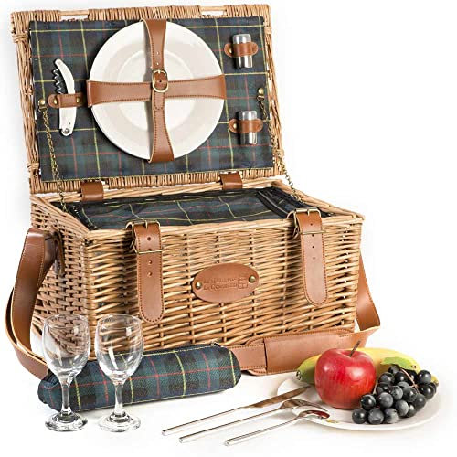 Les Jardins de la Comtesse - Picknickkoffer Trianon Grün - Lederriemen - Komplett Für 2 Personen - Kühlfach - Keramikteller und Weingläsern - 40 x 30 x 23 cm