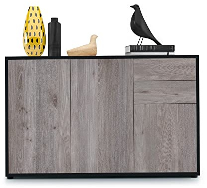 Vladon Sideboard Ben V3, Kommode mit 3 Türen und 2 Schubladen, Schwarz matt/Eiche Nordic (117 x 74 x 36 cm)