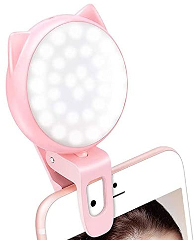 OURRY Selfie Clip on Ring Light, Mini Rechargeable 9 Level Adjustable Brightness Modes with 32 LED, 2-8 Hours, USB Flash Lighting for iPhone/Android, Cell Phone Photography,Video, Vlogging - Pink