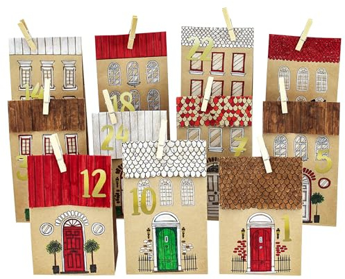 Papierdrachen Adventskalender 2025 Tüten zum Befüllen - Häuser-Motive zum Ausmalen - inkl. Klammern und Zahlenstickern - braunes Kraftpapier - DIY
