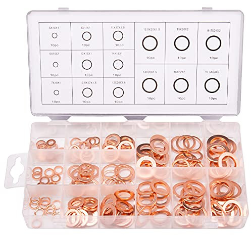 Toolwiz 150 Stück Massive Kupferdichtringe Sortiment in 15 Größen Dichtringe Kupferring, Kupfer Dichtungssatz, Kupfer Unterlegscheiben Dichtung, Hardware Zubehör solide (M5-M17.5)