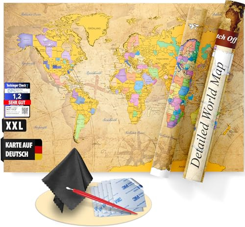 FlYHIGH XXL Weltkarte zum Rubbeln auf Deutsch I 80x57cm I Poster zum aufkratzern I Scratch off Map I Landkarte zum Rubbeln I Karte zum Freirubbeln I Rubbelweltkarte I Welt-Karte zum Freikratzen