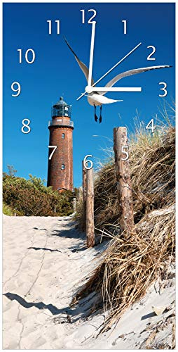 Wallario Design-Wanduhr Möwe am Strand mit Leuchtturm aus Glas, Motiv-Uhr Größe 30 x 60 cm, weiße Zeiger