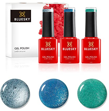 Bluesky Gel Nail Polish Set, Crystal Teals, Seabed Pch40, Glacial Mist 80612, Electric Glitter Blue Lt065, 3 x 5 ml, Shimmer, Blue, Green,(Requires Curing Under UV or LED Lamp)