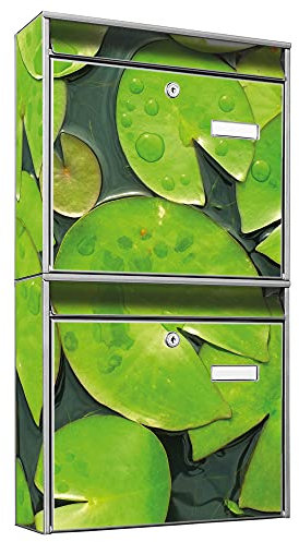 banjado Briefkastenanlage 2 Fach - 2 Briefkästen 36x64x10cm groß - Doppelbriefkasten Set - Namensschild, 2 Schlüssel, Montagematerial - Stahl verzinkt Silber - Motiv Seerosenblätter