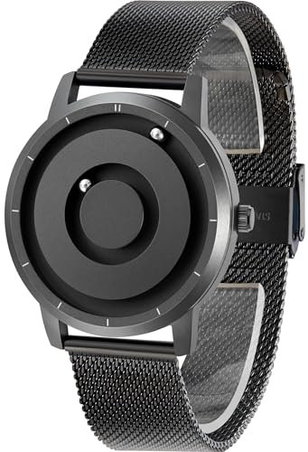 EUTOUR Magnetic Mens Watches No Glass Ball Bearing Minimalist Quartz Wrist Watch for Men with Mesh Stainless Steel Strap 40 mm Black