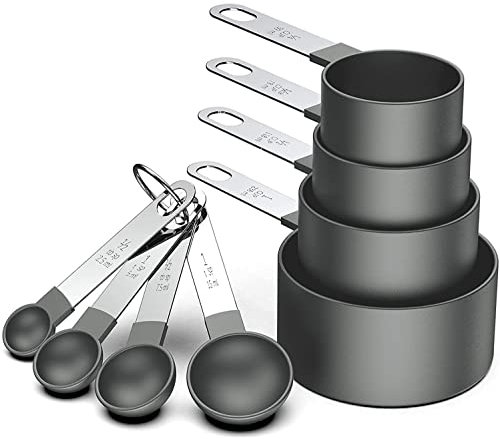 8 Pcs Measuring Cups and Spoons Set, Stackable Stainless Steel Handle Accurate Tablespoon for Measuring Dry and Liquid Ingredients Small Teaspoon with Plastic Head (Black)
