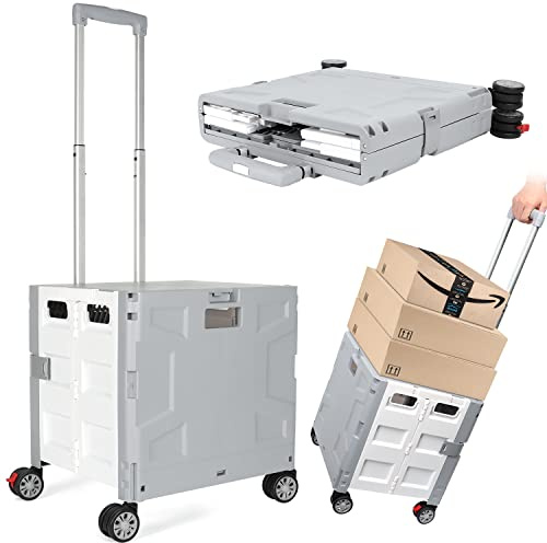 Foldable Shopping Utility Cart Portable Rolling Crate Handcart with 360°Rotate Wheel,Hidden Lid,Telescoping Handle Collapsible for Travel Shopping Moving Storage Office Use(White/Gray)