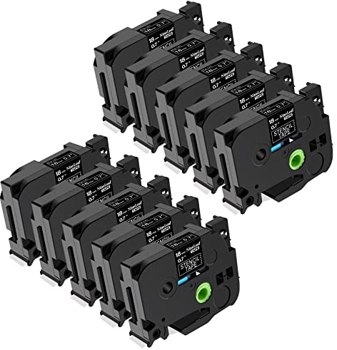 NineLeaf 10 x Kompatibel für Brother P-touch STE141 STE-141 ST-141 Schablone 18mm 0.7'' Schwarz auf Transparent Mobile Lösungen Etikettenband für Ptouch PT-2030AD 18R 18RKT Beschriftungsgerät