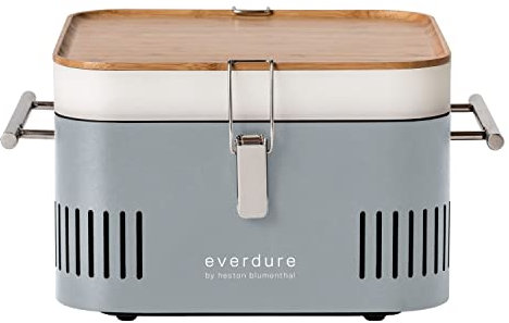 everdure by heston blumenthal Holzkohlegrill CUBE I mobiler Outdoor-Gril in Kakil I tragbarer Gourmet-Grill mit porzellanemaillierter Grillwanne I Camping-Grill mit Stauraum & Schneidebrett