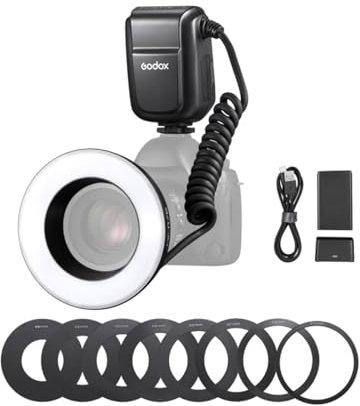 Godox MF-R76 Macro Ring Flash Light GN14 10 Levels Adjustable Brightness with 8pcs Adapter Ring Replacement for Canon Nikon Sony Fuji Olympus Panasonic Pentax DSLR Camera